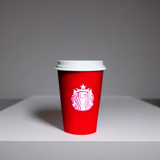 Image similar to an ultra high definition professional studio quality photograph of a red cup on a white plinth in an empty white room, a mobile phone is on top of plinth in the centre of the photograph. three point light.