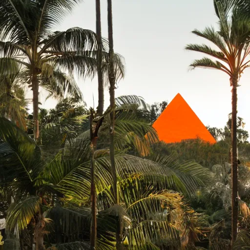 Image similar to a small glowing orange pyramid floating above an open palm, dark lighting