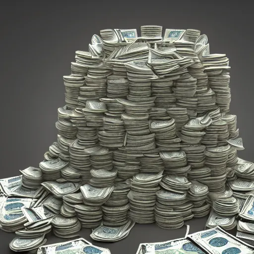 Image similar to a throne made of stack of money, octane render