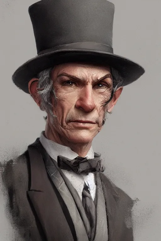 Image similar to a grey hair old halfling with no beard stubble top hat and suit by Greg Rutkowski, painting, portrait, HD, high details, trending on artstation