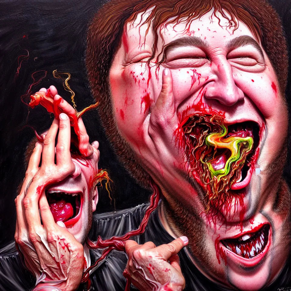 Image similar to happy and funny psychedelic bill hicks eating rotten flesh, laughing and puking blood, diffuse lighting, fantasy, intricate, elegant, highly detailed, lifelike, photorealistic, digital painting, artstation, illustration, concept art, smooth, sharp focus, art by francis bacon