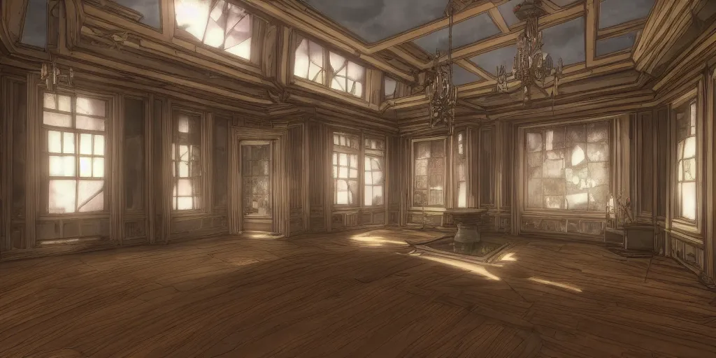 Image similar to kingdom hearts twilight town mansion interior, nostalgic abandoned, sunlight streaming through the windows