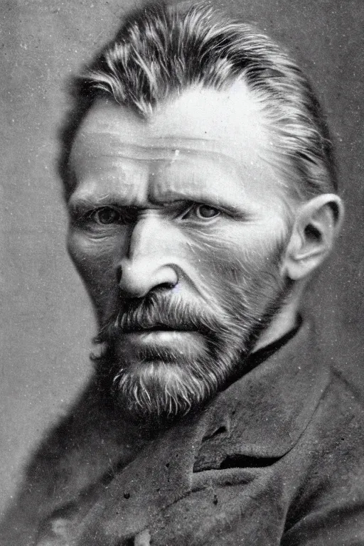 Prompt: a 1 8 7 0 dark, monochrome, glass negative, silver gelatine realistic, supersharp, supersharp, realistic, photographic daguerreotype portrait of vincent van gogh, shallow depth of field