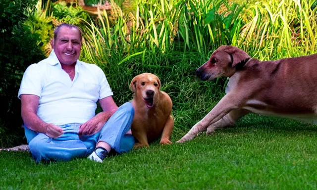 Image similar to My dad Steve just took a hit from the bongo and have good time being gracefully relaxed in the garden, sunset lighting. My second name is Carell. My dad second name is Carell. Im the dog and Steve Carell is my dad. Detailed face. Dog is long