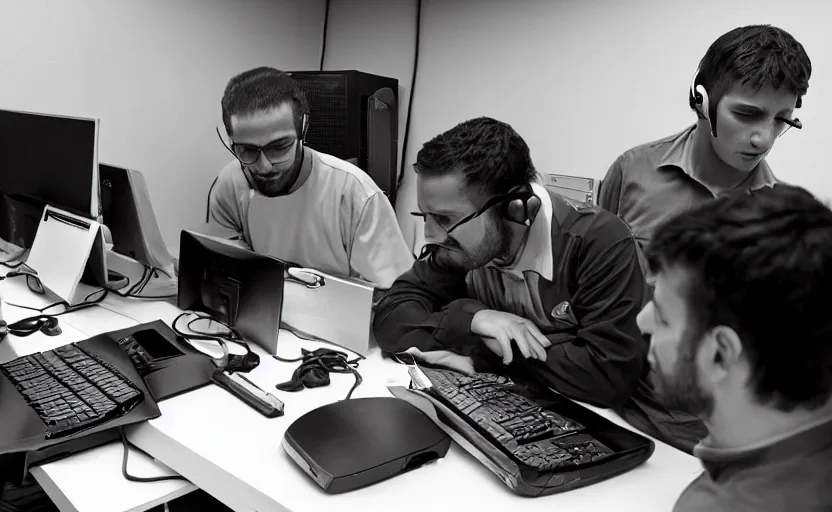 Image similar to Tech support helping the italian mob with their computers, candid