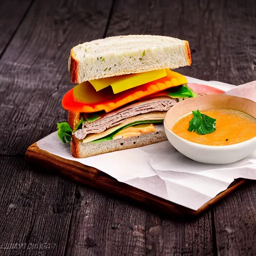 Prompt: food magazine photograph of a sandwich covered in soup. highly detailed 8 k photo. studio lighting.