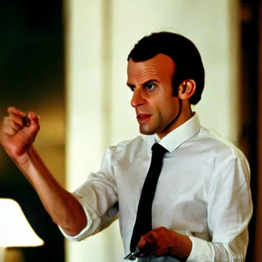 Prompt: Emmanuel Macron crying in American Psycho (1999)