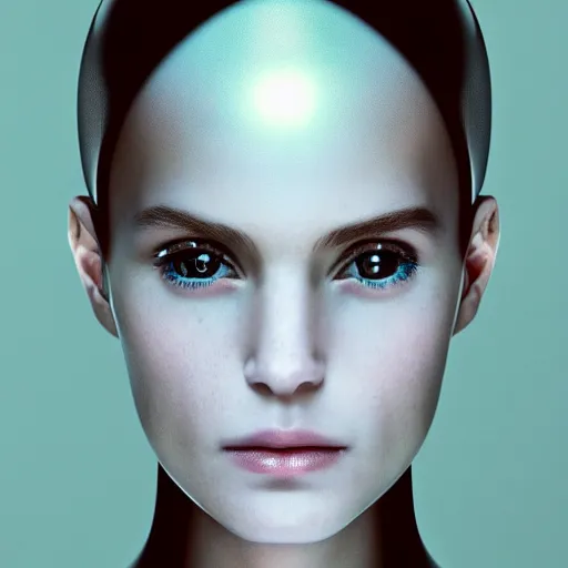 Image similar to portrait of a stunningly beautiful futuristic female robot, from the movie ex machina, depth of field, zeiss lens, detailed, symmetrical, centered, fashion photoshoot, by Annie Leibovitz and Steve McCurry, David Lazar, Jimmy Nelsson, Breathtaking, 8k resolution, extremely detailed, beautiful, establishing shot, artistic, hyperrealistic, beautiful face, octane render