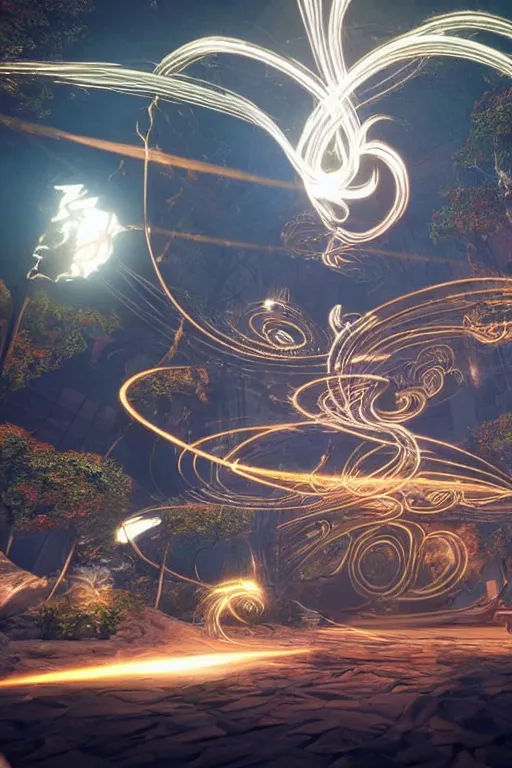 Image similar to swirling tribal light streaks and ornate flowing light streams and smooth particle effects, unreal engine