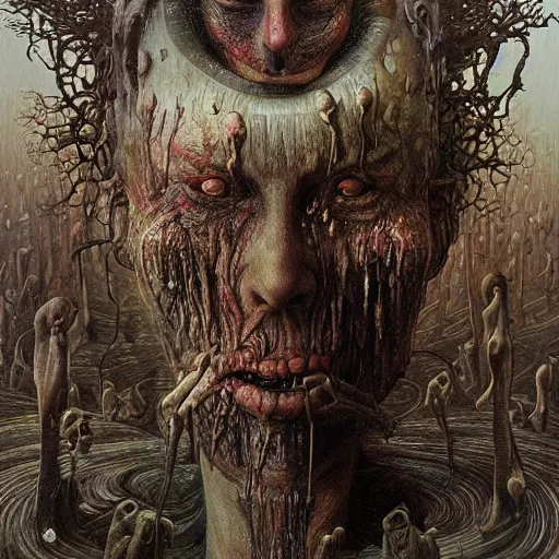 Prompt: the divine wrath of god, body horror, biopunk, oil on canvas, creative design, by zdzisław beksinski, marco mazzoni, peter gric