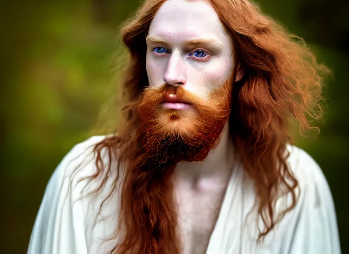 Prompt: portrait photography of a beautiful man how pre-Raphaelites beauty type in style of Nicolas False, britt marling style 3/4 , he has a short beard, his ginger hair is intricate, beautiful ethereal lace white robes, 8K, soft light, volumetric lighting, highly detailed Realistic, Refined, Highly Detailed, natural outdoor soft pastel lighting colors scheme, outdoor fine art photography
