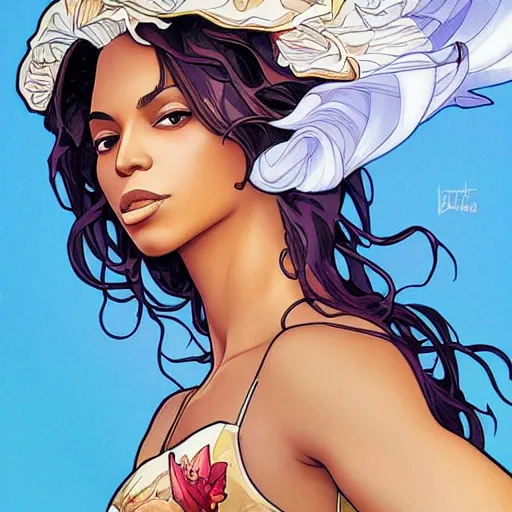 Prompt: beyonce perfect coloring, low saturation, epic composition, masterpiece, bold complimentary colors. stunning masterfully illustrated by artgerm, range murata, alphonse mucha, katsuhiro otomo