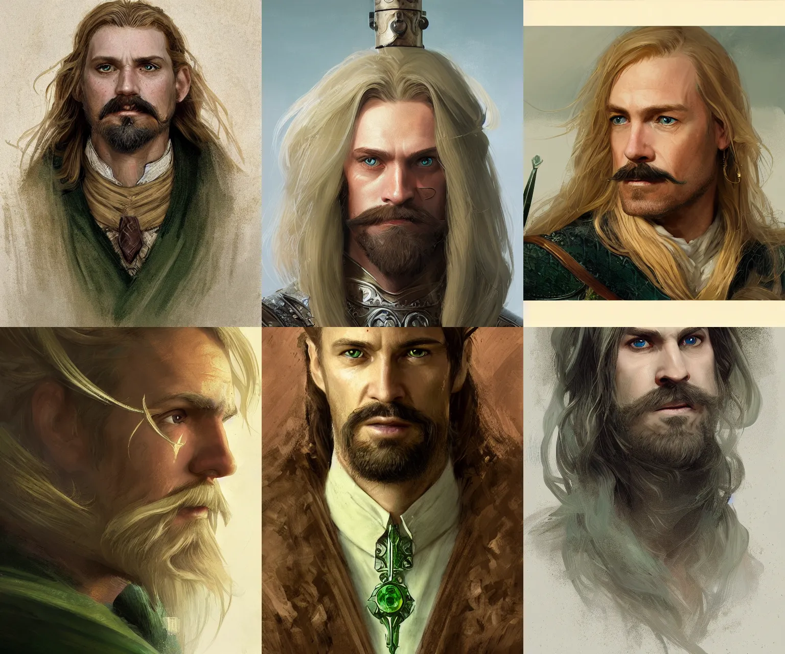 Prompt: half - length portrait of a 3 5 - year - old human male noble with long blonde hair and green eyes, mustache, no beard, medieval setting, detailed face, highly detailed, artstation, concept art, sharp focus, by greg rutkowski, craig mullins, kenne gregoire