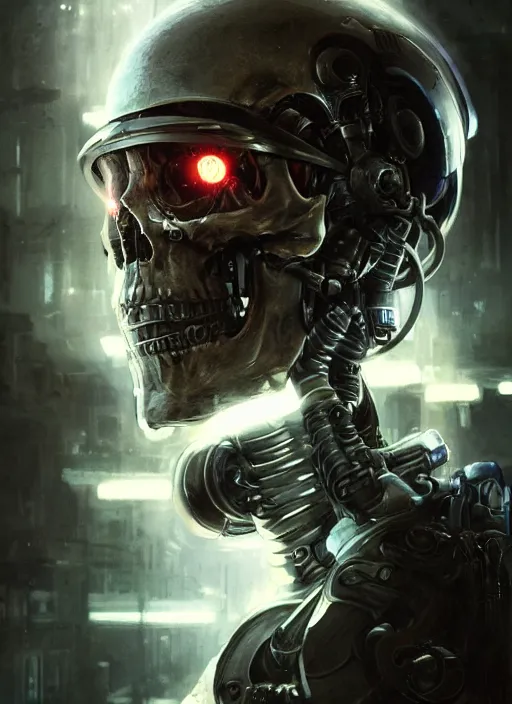 Image similar to metal skull half covered face with cybernetic enhancements as seen from a distance, scifi character portrait by greg rutkowski, esuthio, craig mullins, 1 / 4 headshot, cinematic lighting, dystopian scifi gear, gloomy, profile picture, mechanical, half robot, implants, solarpunk