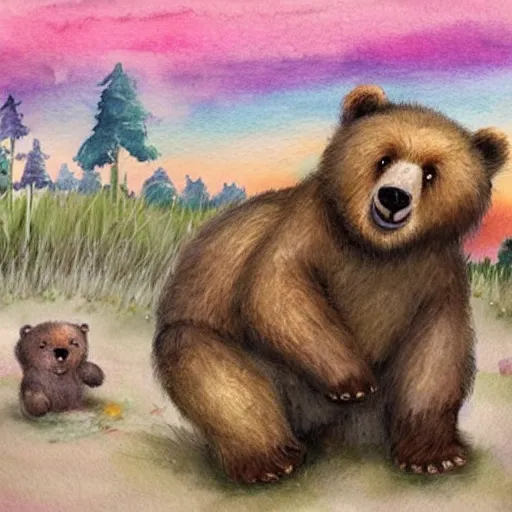 Prompt: cute bears in apocalyptic wasteland, sugar wasteland, soft clouds, soft colours, pastel colours, sunset, watercolour illustration