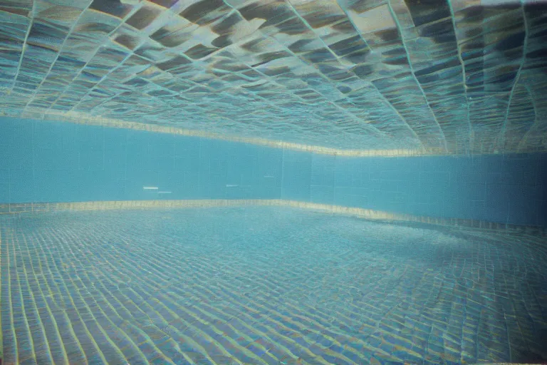 Prompt: 1 9 7 0 s found footage of an underwater space made up of a non - euclidean swimming pool portals with many entries and exits, neon color bleed, ektachrome photograph, volumetric lighting, cinematic eastman 5 3 8 4 film