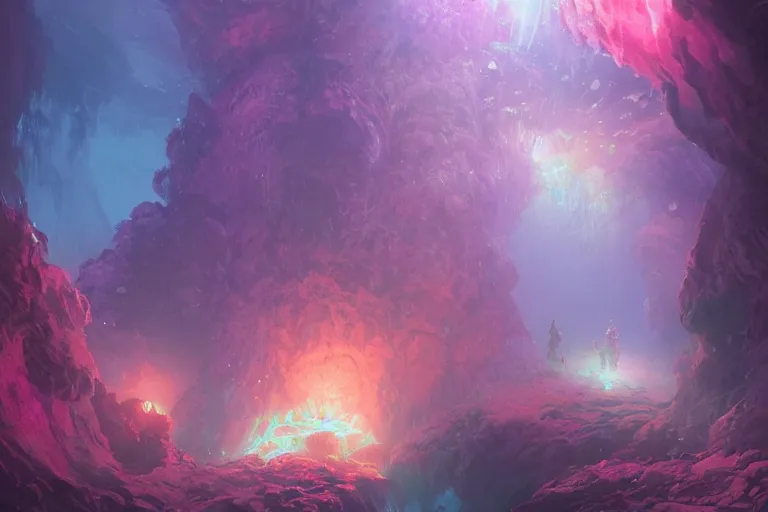 Image similar to beautiful crystal golems, separate pink orange purple colors, underwater coral caverns, concept art, beautiful lights, d & d, fantasy, highly detailed, masterpiece, volumetric lighting, digital painting, artstation, smooth, sharp focus, illustration, art by artgerm, by greg rutkowski