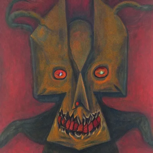 Image similar to portre of an autistic demon on acid, masonic and kabalistic symbols in background, oil painting