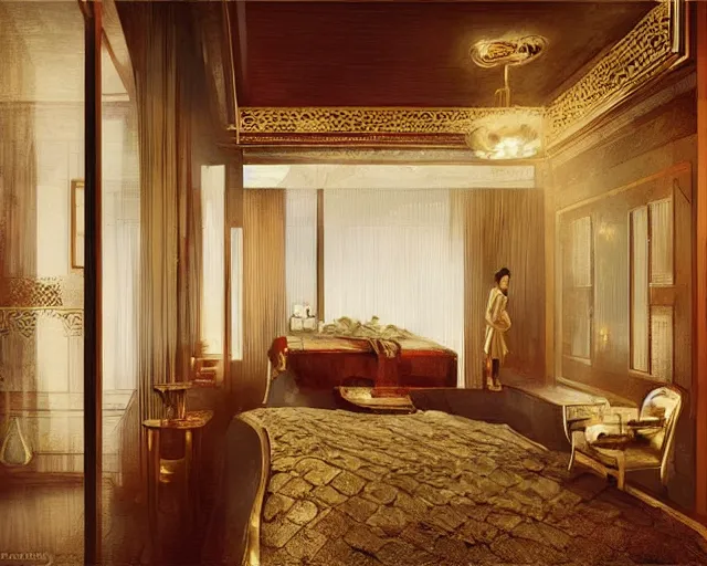 Image similar to a luxury hotel! suite room in the style of imperial! china! qin!, art by greg rutkowski and artgerma, stunning! concept art, interior! design