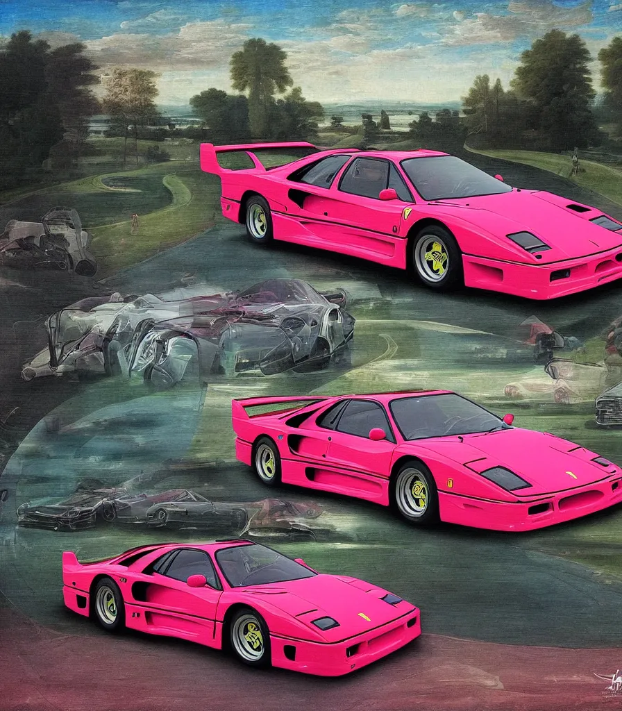 Prompt: vapor wave ferrari f 4 0 in the style of a renaissance painting