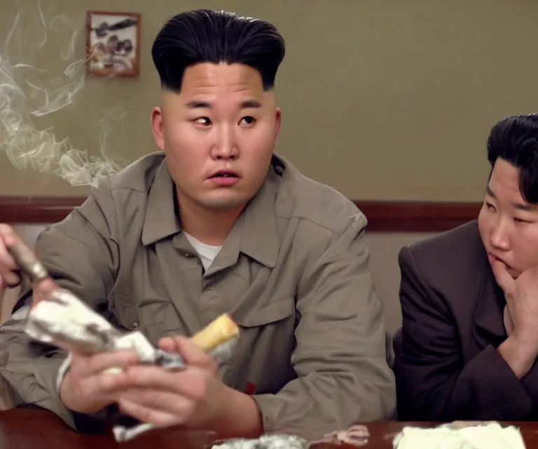 Prompt: hyperralism pineapple express ( 2 0 0 8 ) movie still photography of realistic detailed north korean kim chen with detailed face smoking reviewing detailed weed bush in detailed basement bedroom ultra violet light