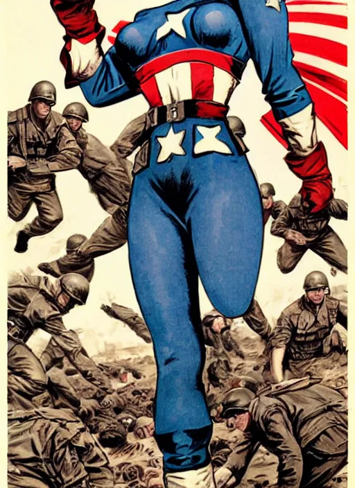 Prompt: beautiful female captain america standing on a pile of defeated german soldiers. feminist captain america wins wwii. american wwii propaganda poster by james gurney. anime.