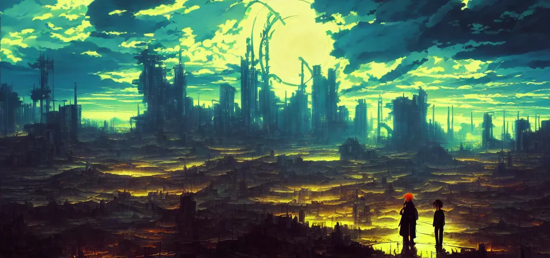 Image similar to baroque oil painting of anime key visual environment of a hell in a cyberpunk world, brutalist, dark fantasy, sunset, rule of thirds, digital cel shading, fake hidden detail, trending on pixiv fanbox, style of makoto shinkai studio ghibli jamie wyeth james gilleard greg rutkowski