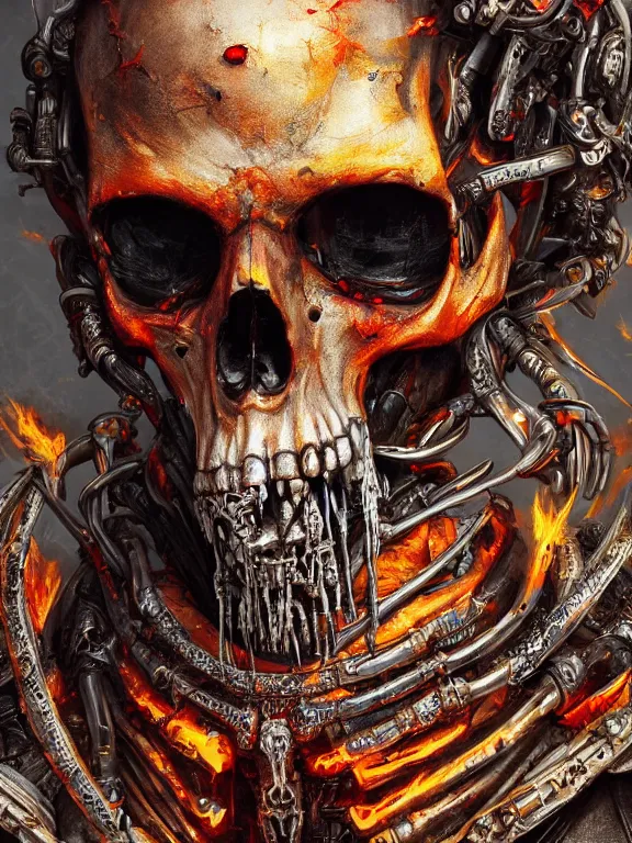 Image similar to portrait art of 8k ultra realistic undead corrupted flaming skull , detailed intricate ornate armour,decaying, cybernetic, full of colour, cinematic lighting, battered, trending on artstation, 4k, hyperrealistic, focused, extreme details,unreal engine 5, cinematic, masterpiece, art by ayami kojima, giger