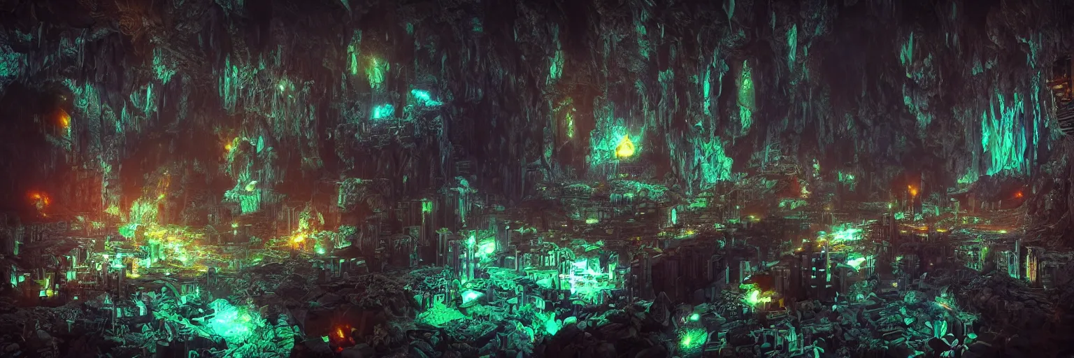 Image similar to “underground dark fantasy megapolis in a giant cave, bioluminescent mushrooms, magic crystals, Artstation HQ, photorealistic, hiperrealistic, 4k UHD, Unreal Engine 5, cinematic shot, cinematic lightning, dark tones, high contrast, intricate, masterpiece, wide angle”