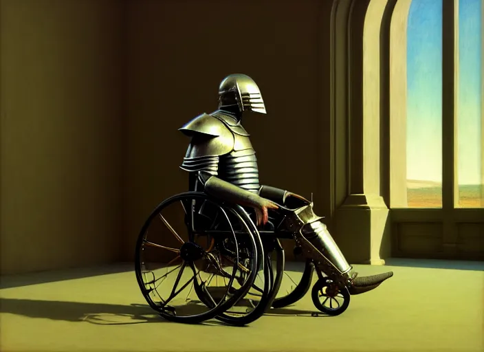 Image similar to knight in armor in a wheelchair do tricks, minsk, highly detailed, soft lighting, elegant, works by edward hopper and james gillard, zdislaw beksinski, stephen outram, andreas m wiese, highly detailed, masterpiece. rendered in blender, smooth shadows, ultra detail, high resolution, unreal 6, 8 k