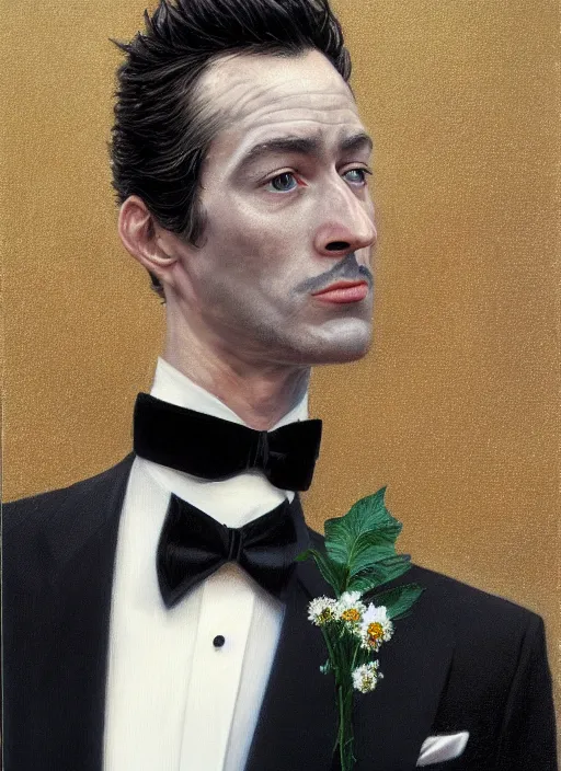 Image similar to a black tuxedo suit with a tie, a flowery bush growing out of the neck hole, intricate, highly detailed, concept art, hyperrealistic, oil painting by greg staples, 8 k