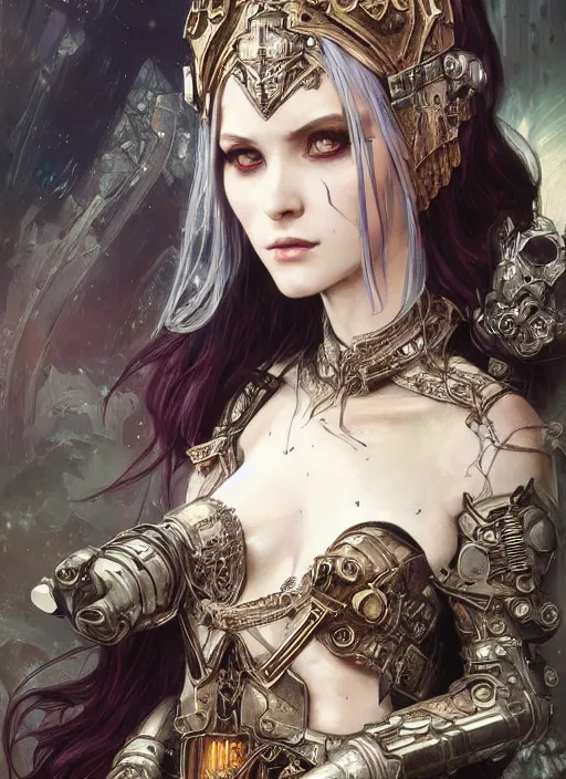 Image similar to portrait of beautiful pale gothic maiden, warhammer 40000, cyberpunk, intricate, elegant, highly detailed, digital painting, artstation, concept art, smooth, sharp focus, illustration, art by artgerm and greg rutkowski and alphonse mucha and Gustav Klimt