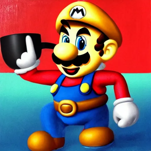 Prompt: Super Mario dressed as a samurai drinking a cup of coffee, Realistic painting