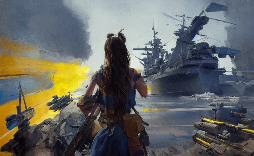 Prompt: view from behind of a girl in national clothes with blue and yellow stripes in her hair and a huge rifle in her hands standing against a Russian warship and she is ready to fight, concept art, highly detailed, smooth, sharp focus, oil painting. illustration, art by Greg Rutkowski, trending on Artstation