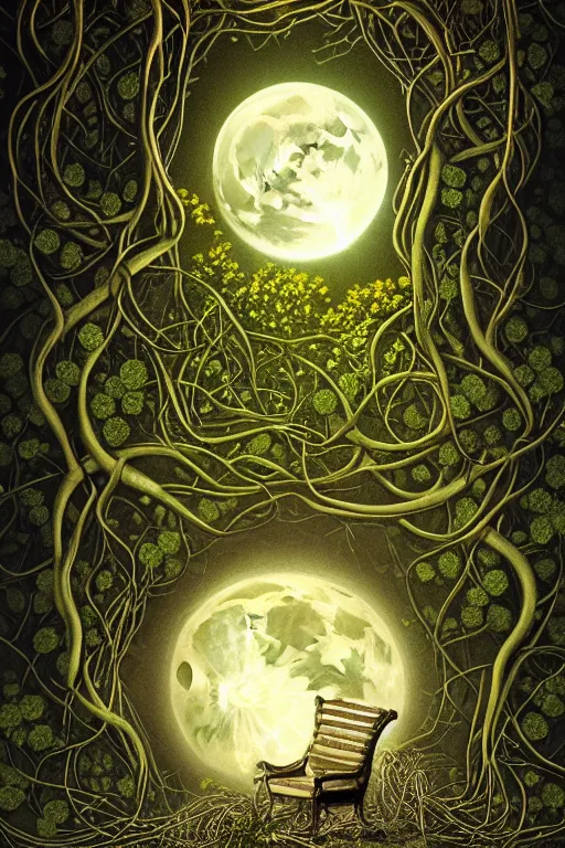 Prompt: a beautiful digital illustration painting of a detailed gothic fantasy full moon and roots, throne chair and vines by by benoit b. mandelbrot, howard arkley. 8 k resolution trending on artstation concept art digital illustration