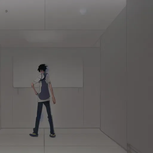 Image similar to a person standing in a room with a door open, an anime drawing by makoto shinkai, cgsociety, postminimalism, anime aesthetic, anime, official art h - 7 6 8