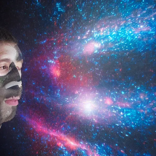 Image similar to an 8 k hi res photo of a man in a mirror full face mask paints a galaxy on a busy ny street