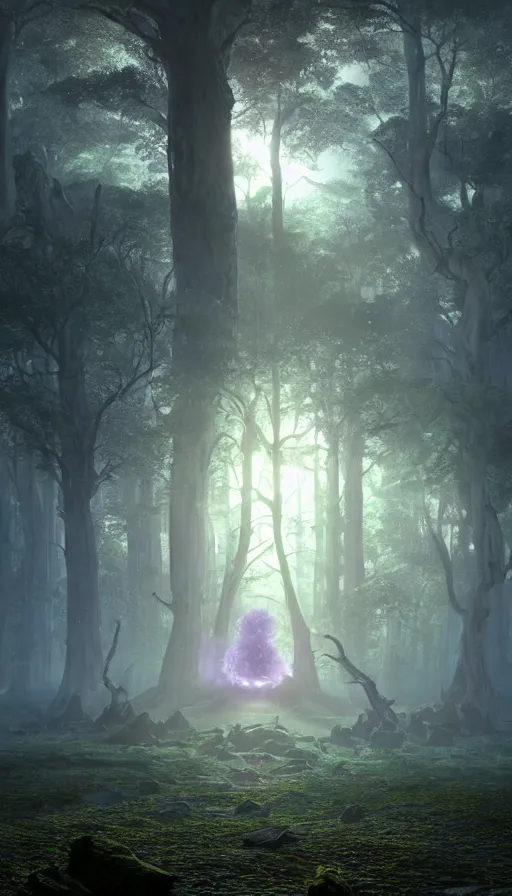 Image similar to hyper realistic 3 d render of a future sci - fi ancient god on the middle of a forest with a lot of purple trees holding a portal that's about to explode, fog, volumetric lighting, sunny day, by greg rutkowski and diego velazquez