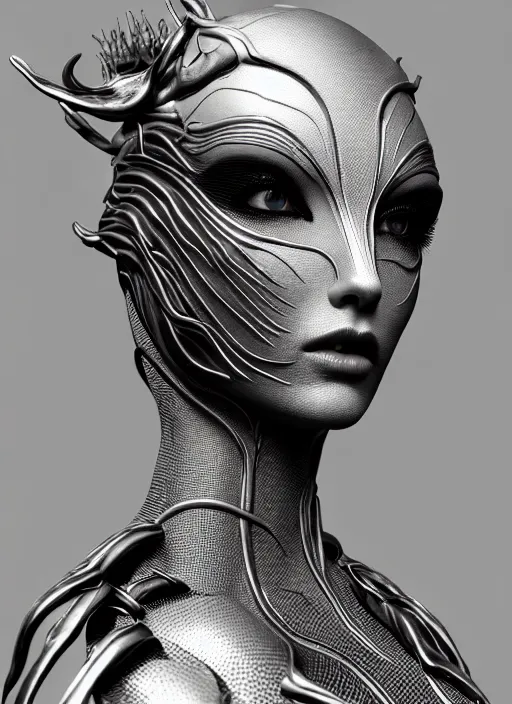 Image similar to bw contrasted close - up profile face, black background, beautiful young porcelain vegetal - dragon - cyborg - female, 1 5 0 mm, beautiful natural soft rim light, silver gold details, magnolia leaves and stems, roots, mandelbot fractal, elegant, ultra detailed, white metallic armour, octane render, h. r. giger style