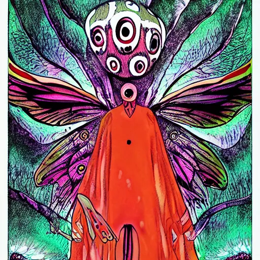 Image similar to Psychedelic mothman by Junji Ito and Satoshi Kon, post-processing, beautiful