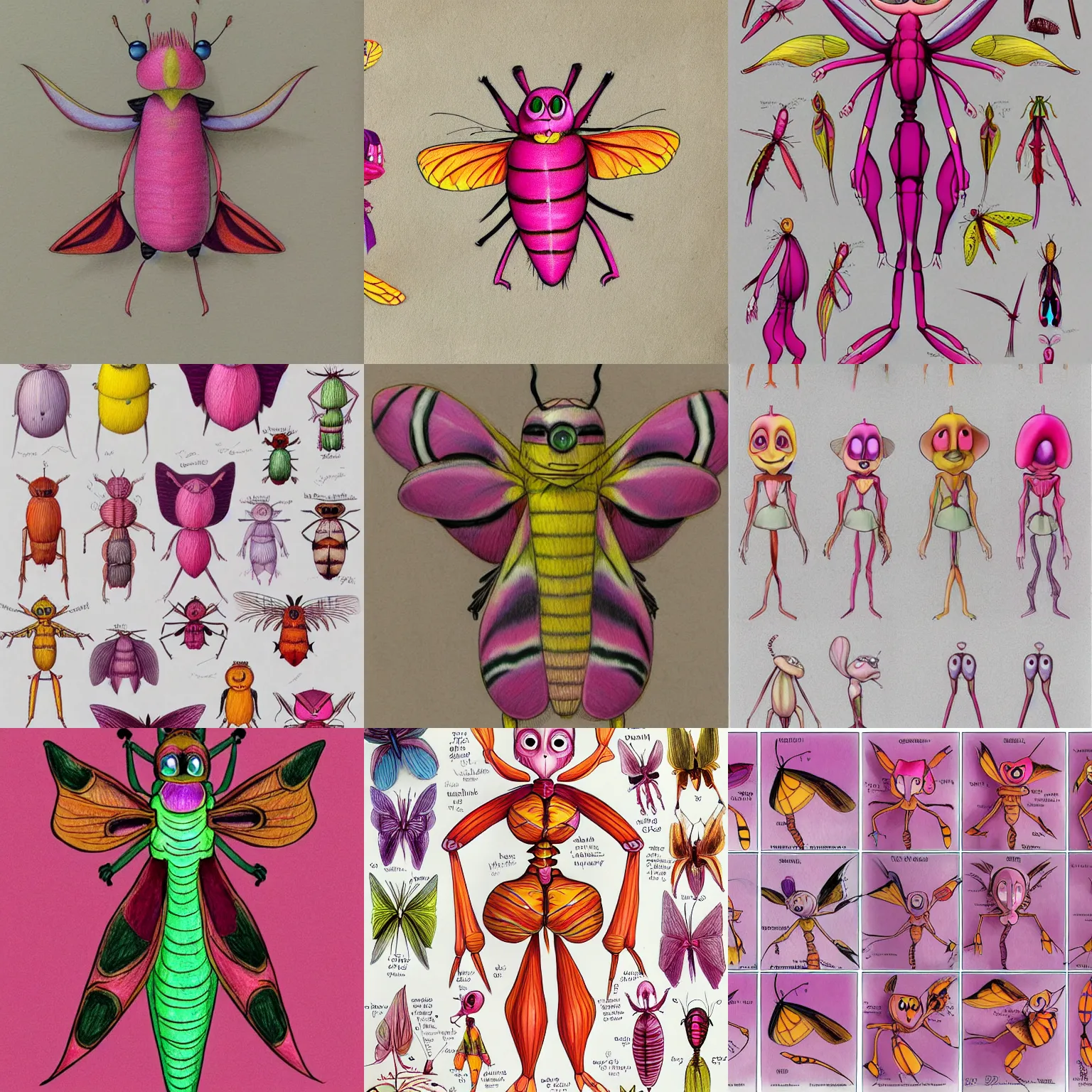 Prompt: character design sheets of a rosy maple moth humanoid lady in the calarts art style, art by tim burton, art by vivienne medrano, by pixar, two dimensional, colored pencils, drawing sketches, creative, unique, high quality, real life, cinematic shot