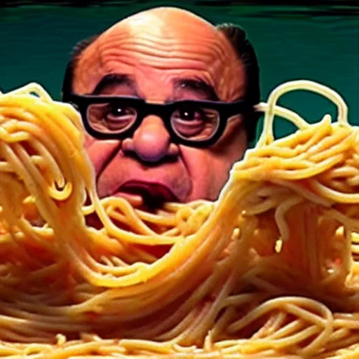 Image similar to danny devito swimming in spaghetti. he's not happy about it.