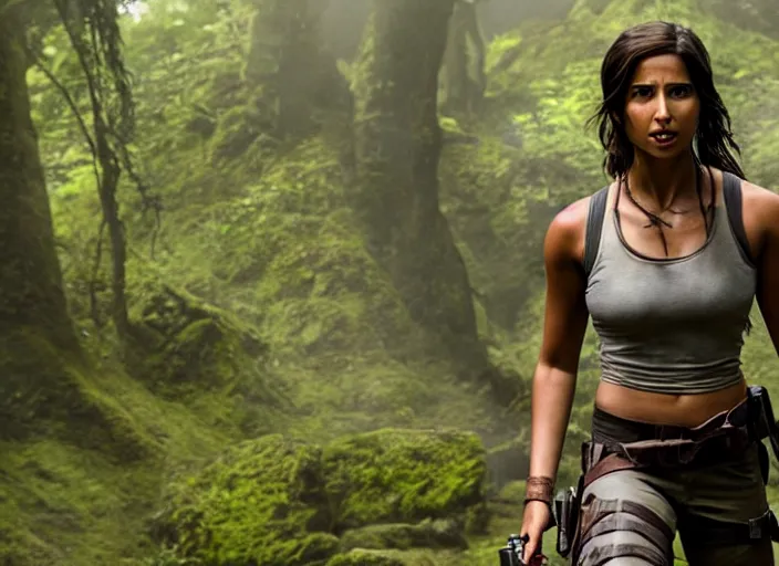 Image similar to film still of!!!! naomi scott!!! as lara croft in new tomb raider movie, 8 k