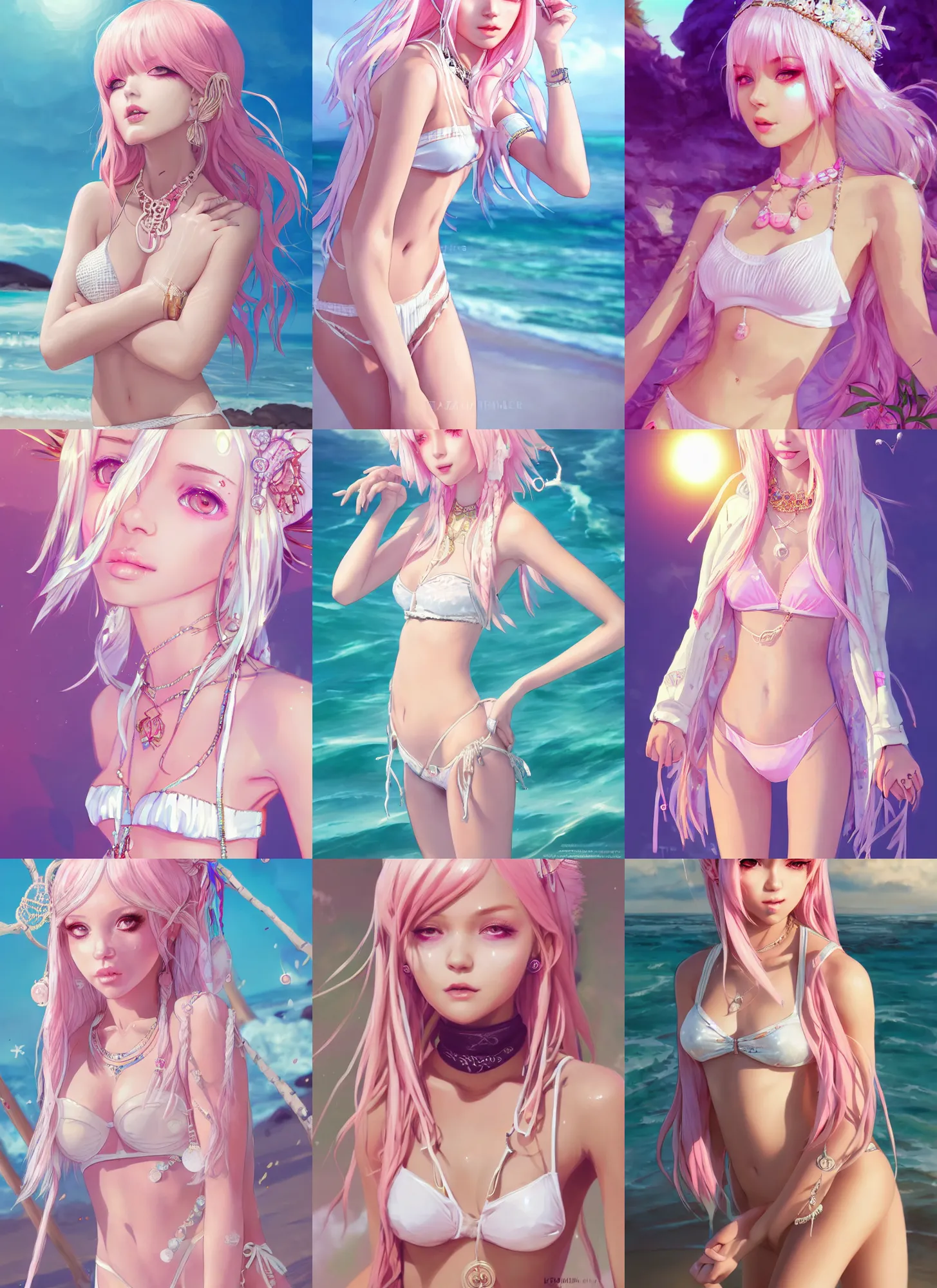 Prompt: portrait of a beautiful stunning girl with pale pink hair with boho accessories, in white reflective bikini at beach, glossy, top lighting, cute face, big eyes, highly detailed, seraphine ahri kda, art by krenz and wenjun lin and starember and kuvshinov ilya and kidmo and rossdraws and artgerm