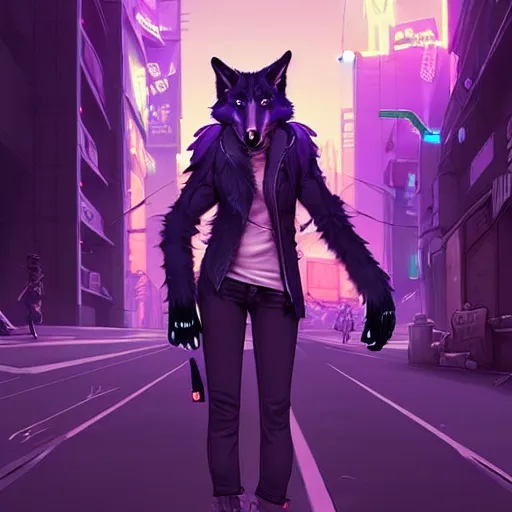 Image similar to beautiful furry art full body commission of an androgynous furry anthro wolf fursona wearing punk clothes in the streets of a cyberpunk city. neon signs. character design by charlie bowater, ross tran, artgerm, and makoto shinkai, detailed, inked, western comic book art