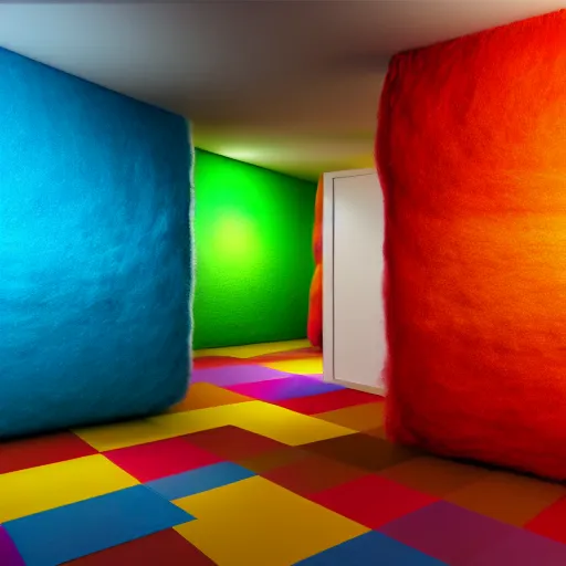 Prompt: : colorful abstract fuzzy sculpture on the wall in modern architecture studio, cinematic lighting, hyper - realistic, detailed, render by c 4 d octane, unreal engine, 8 k 3 d render