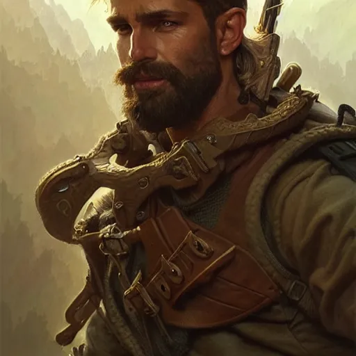 Image similar to portrait of rugged male ranger, d & d, muscular, fantasy, intricate, elegant, highly detailed, digital painting, artstation, concept art, smooth, sharp focus, illustration, art by artgerm and greg rutkowski and alphonse mucha