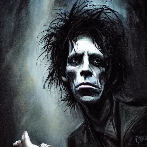 Prompt: stunning portrait of gaunt keith richards a ( the cure fan ) as dream from sandman, dim stars as eyes, by jeremy mann, by cedric peyravernay, by by russ mills, by richard avedon and ben templesmith, dramatic lightning, sadness, dark eye sockets, in the shadows, punk rock, gothic, high detailed, 8 k