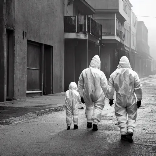 Prompt: a family wearing a hazmat suits on a post-war era street, walking away from the camera, dark smoke in the background, filthy streets, broken cars. Vines growing. Jpeg artifacts. Award-winning photo. Full-color photo. Samyang/Rokinon Xeen 50mm T1.5