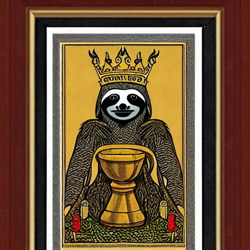 Prompt: sloth as the king of cups, coper crown, poster framed, intricate details, medieval art style, high contrast, posterized